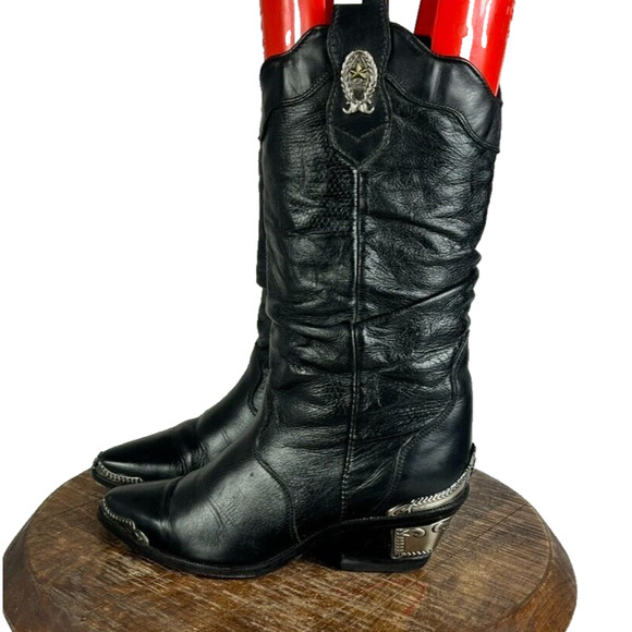 Zodiac Boots Womens 5 M Black Leather Metal Accent Western Biker Rodeo Vintage - Picture 1 of 15